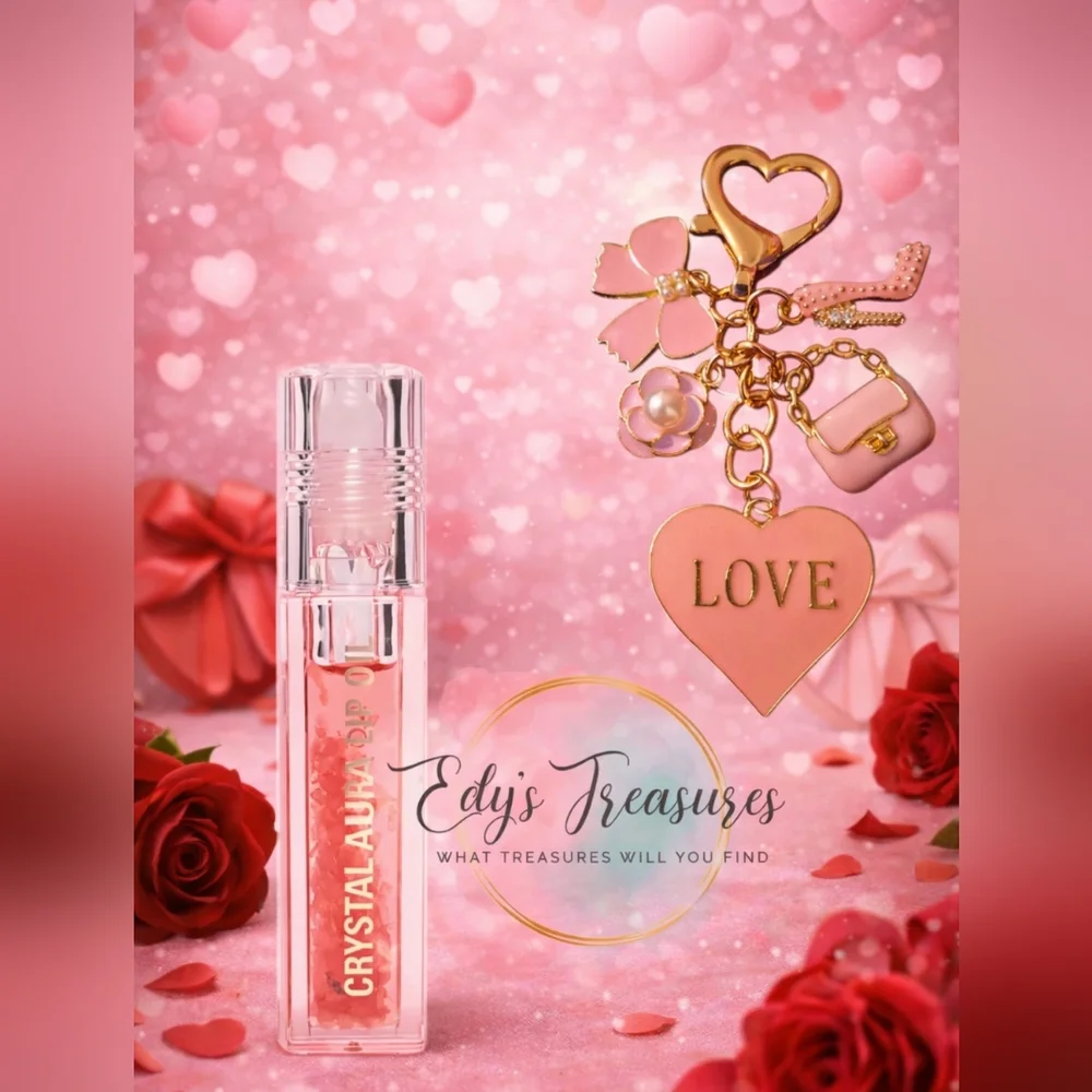Crystal Aura Lip Oil + Heart Charm Keychain/Bag Charm Set